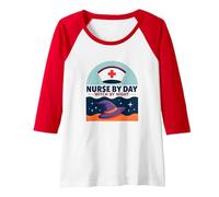 Nurse by Day Witch by Night Halloween Healthcare Humor Raglan Baseball Tee, Women, Red/White, XXL