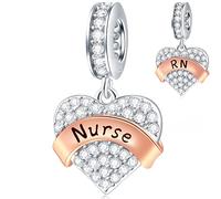 Nurse Charms Dangle fit Pandora Bracelet/Necklace, Pave Reflexions Clear CZ Heart RN Pendant in 925 Sterling Silver Hospital Registered Nursing Charms, Gifts for Girlfriend/Sister/Christmas