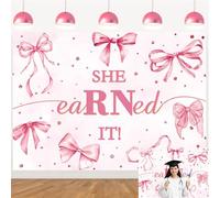 Nurse Graduation Backdrop Pink Bow She Earned It Photography Background Congrats 2026 Nurses Graduation Banner Rn Grad Prom Party Decorations Supplies (82x59 inch (7x5FT))