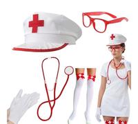 Nurse Hat Costume White Thigh High Stockings Prop Stethoscope Glasses Kit