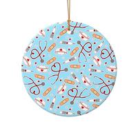 Nurse Love Print Blue Christmas Tree Ornaments - Round Ceramic Decor, Holiday Hanging Decorations, Xmas Gifts 7.3cm
