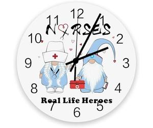 Nurse Real Life Heroes Gnome Nurses 25Cm Round Wall Clock Arabic Numerals Frameless Wall Clock Non-Ticking Clocks Decorative For School Home Dining Room