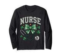 Nurse St Patricks Day Shamrock Lucky Irish Green Bow Long Sleeve T-Shirt