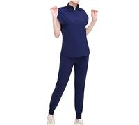 Nurse Uniform Set Women Standing Collar V-Neck Short Sleeve Pullover Tops and Drawstring Waisted Cuffed Bottoms with Pockets Solid Color Comfortable Nursing Workwear
