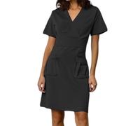 Nurse Uniform Women's Massage Hospital Dress Light&Airy Shirt Short Sleeve Knee-Length V-Neck Plain Dress with Pockets Work Beauty Salon Black S