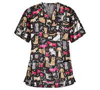 Nurse Uniforms Cat Grooming Cute Printed Nursing Mock Wrap Uniform for Career Day Health Care Uniforms for Women Care Work Shirt V Neck Wrap Mock Doctors Hospital Xmas Graphic Work Top for Ladies