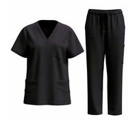 Nurse Uniforms Women Set Solid Color Quick-Drying Lightweight Workwear V-Neck Short Sleeve Pullover Tops with Multi Pockets Drastring Waisted Wide Leg Trousers