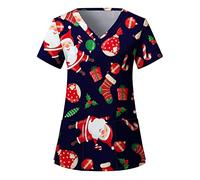 Nurse Uniforms Women UK V Neck Mock Wrap Beauty Salon Nurses Top Xmas Reindeer Health Care Workers Womens Scrubs Beauty Salon Nursing V-Neck Dog Grooming Beauty Tunic Ladies Scrub Top