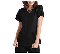 Nurse Uniforms Wrap Mock Healthcare Tunic Graphic Short Sleeve Costumes Healthcare Tunics Womens Scrubs Mock Wrap Healthcare Tunic V Neck Housekeeping Beauty Tunic Ladies Scrub Top Black