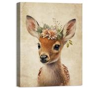 Nursery Canvas Wall Art Cute Sika Deer Wearing a Wreath Prints on Canvas Wall Decoration Jungle Nursery Animal Print Picture for Bedroom Bathroom and Kitchen Strench and Framed, Ready to Hang