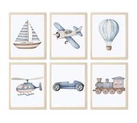 Nursery Car Wall Art Set of 6, Baby Boys Poster Canvas Prints, Blue Kids Car Train Plane Boat Hot Air Balloon Wall Decor Toddler Vehicle Painting Watercolor Artwork Picture 8x10 inch Unframed