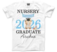 Nursery Graduation Tshirt - Personalised Nursery Graduate 2026 Blue Bear Toddlers & Kids Unisex T-Shirt - Custom Name Top Leaving Preschool Starting School Leaver Party Last Day Tee 7-8 Years White