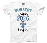 Nursery Leaver Tshirt - Personalised Nursery Graduate 2026 Blue Boy Toddlers & Kids Unisex T-Shirt - Custom Name Top Leaving Preschool Starting School Graduation Party Last Day Tee 3-4 Years White