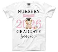 Nursery Leaver Tshirt - Personalised Nursery Graduate 2026 Pink Bear Toddlers & Kids Unisex T-Shirt - Custom Name Top Leaving Preschool Starting School Graduation Party Last Day Tee 2-3 Years White