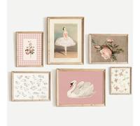Nursery Pink Wall Art Decor Baby Girl Canvas Wall Art Vintage Floral Prints Kids Room Wall Decor Preppy Flower Poster Antique Pink Pictures Swans Painting for Girls Room Bedroom 12x16x6 Inch Unframed