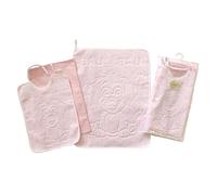 Nursery School Buddy Set 3 Pieces: Terry Cloth Bib with Elastic 26 x 34 cm, Towel 40 x 50 cm and Bag 32 x 37 cm - 100% Made in Italy Cotton (Pink)