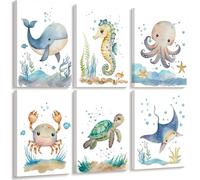 Nursery Sea Animal Wall Decor Set of 6 Ocean Watercolor Canvas Wall Art Baby Boys Room Wall Art Ocean Sea Animal Pictures Kids Girl Art Prints Nursery Artwork for Bedroom 8x10 Inch Framed