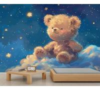 Nursery Teddy Bear Mural Kids’ Room Starry Night Sky Wall Murals Kids’ Room Wall Art Cartoon Cute Animal Wallpaper for Living Room Mural Not Peel and Stick 200 x 140 cm