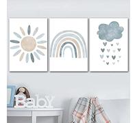 Nursery Wall Prints Blue Sunshine Rainbow Cloud Canvas Art, Child Room Decor Set Of 3 Cute Cartoon Prints Boys Room Decor