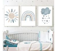 Nursery Wall Prints Blue Sunshine Rainbow Cloud Canvas Wall Art, Child Wall Art Poster Boho Nordic Wall Pictures for Boys Baby Kids Room Decor, Set Of 3 Cute Cartoon Prints Boys Room Wall Decor