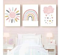 Nursery Wall Prints Pink Sunshine Rainbow Cloud Canvas Wall Art, Child Wall Art Poster Boho Nordic Wall Pictures for Girls Baby Kids Room Decor, Set Of 3 Cute Cartoon Prints Girls Room Wall Decor