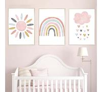 Nursery Wall Prints - Pink Sunshine Rainbow Cloud Canvas Art, Set Of 3 Cute Cartoon Prints For Girls Room Decor