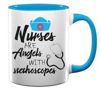 Nurses are Angels with Stethoscopes Ceramic Tea Coffee Mug Light Blue