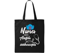 Nurses are Angels with Stethoscopes Natural Ecological Cotton Tote Bag Black