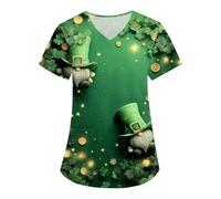 Nurses Uniform for Women St Patricks Day T Shirts with Leaf Print Plus Size V Neck Short Sleeve Nurse Shirts Relaxed Fit Lightweight Casual Scrub Tops with Pockets 3XL
