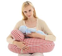 Nursing Pillow with Baby Cushion - Plump Breastfeeding Pillow and Baby Support Cushion - Multifunctional Maternity Pillow with Storage Bag, 100% Cotton Removable & Washable Cover (red and White Grid)