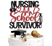 Nursing School Survivor Cake Topper, 2026 Congrats Nurse Grad Graduation Cake Decor, Future RN/Big BSN Energy Graduation Party Decorations Supplies, Red and Black Glitter
