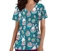 Nursing Scrub Easter Beauty Tunic Work Tops Cute Bunny Work Tunics Doctors Hospital Nurses Uniform for Dental Carer Vet Beauty Nurse Tunics for Women UK Light Blue