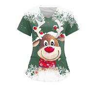 Nursing Scrubs Work Tops Short Sleeve Wrap Mock Christmas Work Tunics Healthcare Tunics Women Christmas Scrubs Uniform Beauty Salon Santa Claus Wrap Mock Doctors Hospital Healthcare Uniform
