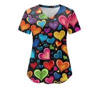Nursing Scrubs Work Tops Valentine's Mock Wrap Red Pink Cat Grooming Work Top for Ladies Uniforms Women UK V Neck Heart Printed Utility Shirt Healthcare Tunic Doctors Hospital Uniform Tunics