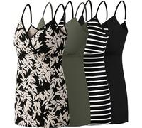 Nursing Tops Tank Shirt Cami Sleep Bra for Maternity and Breastfeeding, O-black/Leaf Print/Thick Black Stripe/Army Green 4pcs, XL