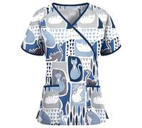 Nursing Uniforms 2024 New Care Uniform V Neck Graphic Beauty Salon for Career Day Uniforms Women UK Costumes Letter Print Doctors Hospital Work Tunics Solid Color Work Top for Ladies Blue
