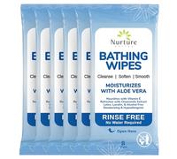 Nurture Valley Rinse Free Bathing Wipes (6-Pack) | 48 Microwavable Adult No Water Rinse Free Wash Cloths with Aloe Vera and Vitamin E - 6 Packs of 8 Wipes