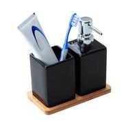 Nuscen black soap dispensers, 3 in 1 Bathroom Set, Soap Dispenser, Ceramics Toothbrush Holder & Bamboo Tray, Ceramic Material, for bathroom, Washbasin, Sink, Bathtub, Reusable Shampoo, Body Wash