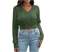 NUSGEAR Cropped Jumper for Women UK Cable Knitted Long Sleeve V-Neck Sweaters Casual Elegant Pullover Crop Tops Ladies Autumn Winter Knitwear Army Green