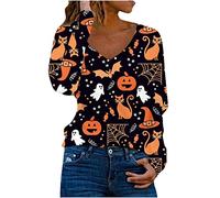 NUSGEAR Halloween Sweatshirt Womens Oversized UK Loose Fit Pumpkin Cat Print T Shirt Long Sleeve V Neck Novelty Blouses Ladies Casual Tops Womens Halloween Costume S-XXL