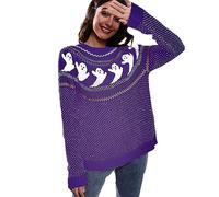 NUSGEAR Halloween Sweatshirt Womens UK Sale Clearance Gohsts Graphic Print Novelty Blouses Long Sleeve Jumper Crew Neck Loose Fit Pullover Halloween Costumes Ladies Casual Sweater XL XXL Purple