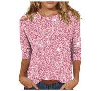 NUSGEAR Sequin Tops for Womens 3/4 Sleeve T Shirt Glitter Tees UK Clearance Pullover Sparkle Shimmer Round Neck Festival Night Club Party Shiny Printed Shirt Casual Fashion Ladies Blouse Spring Pink
