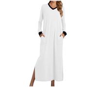 NUSGEAR Womens Long Nightgown Pajamas UK Cotton Baggy Nightdress Plus Size Nightshirt Long Sleeve V Neck Sleep Dress Casual Sleepwear Colour Blocking Pockets Loose Ankle Length Loungewear White