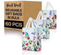 Nush Nush Butterfly Gift Bags with Handles Medium Size - Floral Gift Bag Set of 60 with Shiny Iridescent Holographic Print - Reusable Party Favor Bags for Girls, Birthday, and Butterfly Party Favors