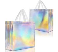 Nush Nush Iridescent Gift Bags Large Size - Set of 12 Stunning Reusable Holographic Gift Bags With White Handles - Perfect As Goodie Bags, Birthday Gift Bags, Party Favor Bags - 13Wx5Dx11H Size
