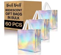 Nush Nush Iridescent Large Gift Bags Bulk - Set of 60 Holographic Reusable Gift Bags with Handles - Ideal Goodie Bag for Small Business, Parties and Events, Christmas Gifts, Thanksgiving- 13x5x11