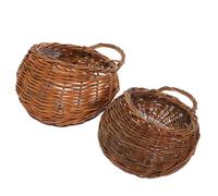 NUSITOU 2pcs Rattan Wall Flower Basket with Hooks, Wall Hanging Planter | Mounting Hardware Included, Synthetic Weave, Built-in Handles and Liner, Rustic Farmhouse Style for Plants