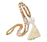 NUSITOU Delicate Beige Tassel Pendant Necklace for Women, Handmade Wooden Beads Sweater Chain with Peace Sign, Elegant Long Necklace Suitable for Graduation and Party