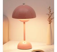 Nusogon Decorative Table Lamp, Modern Mushroom Shaped, Pink Metal, Touch Control, Dimmable, Rechargeable, Cordless, Indoor/Outdoor