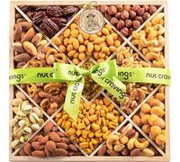 NUT CRAVINGS - Diwali Mixed Nuts Gift Basket in Reusable Diamond Wooden Tray + Green Ribbon (12 Assortments) Food Arrangement, Healthy Snack Care Package, Food Assortments